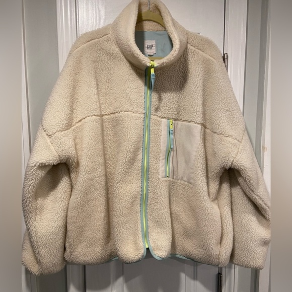 Gap Size XXL Cream Full Zip Teddy Fleece Jacket Blue Neon Pockets Mock Neck - Picture 1 of 12